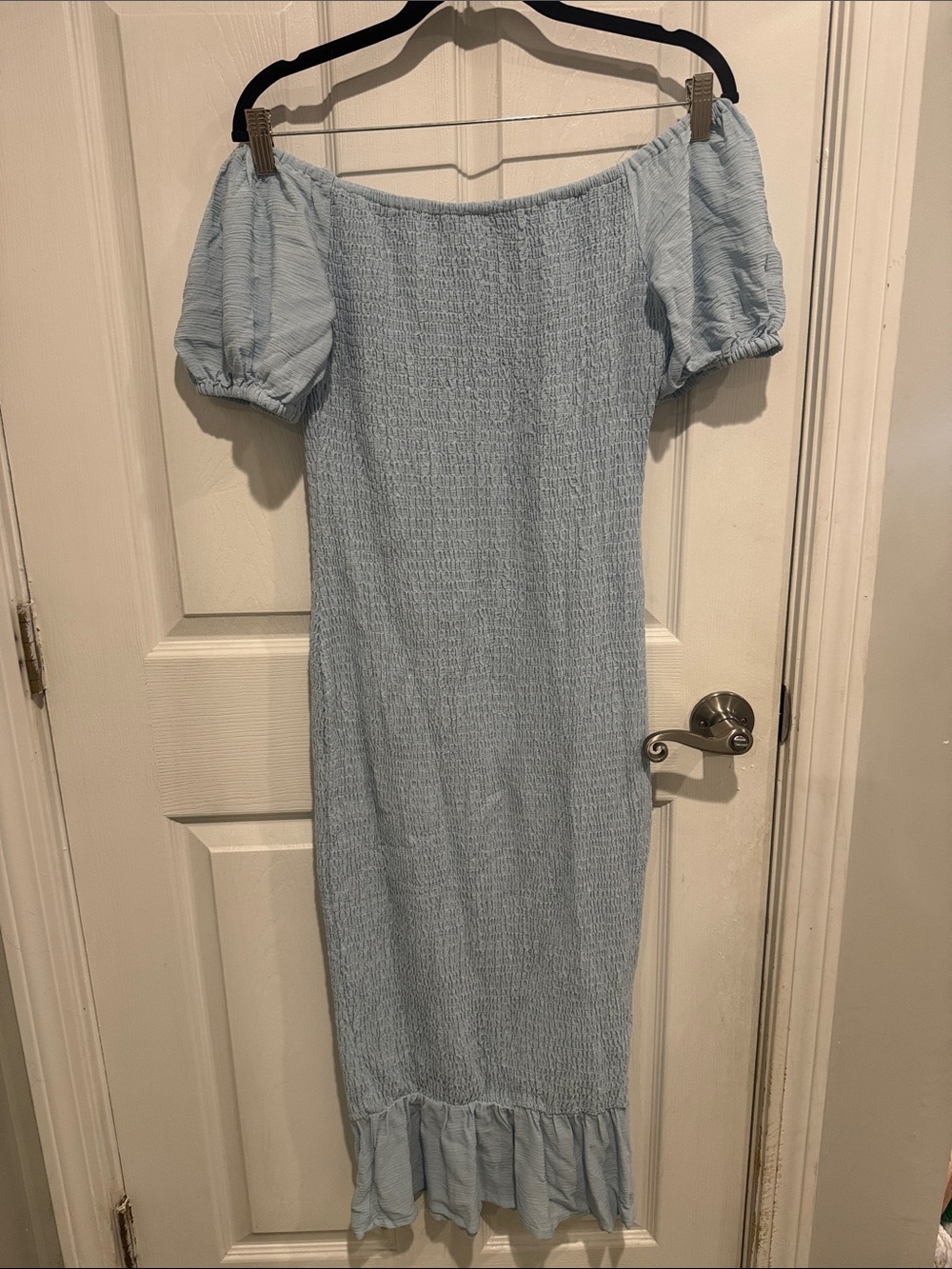 Off-Shoulder Light Blue Smocked Midi Dress